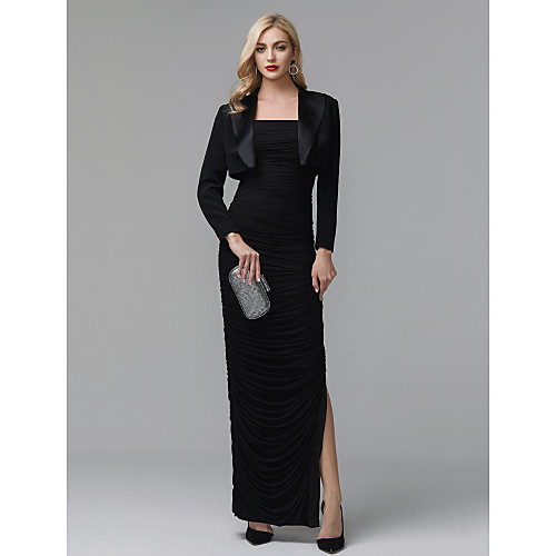 

Sheath / Column Celebrity Style Furcal Formal Evening Dress Strapless Long Sleeve Floor Length Satin Velvet with Ruched Split Front 2021