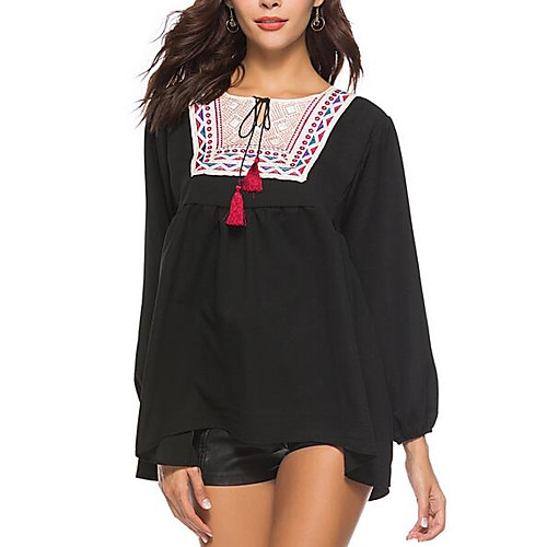 

Women's Blouse Solid Colored Tassel Fringe Long Sleeve Daily Tops Cotton Vintage Black