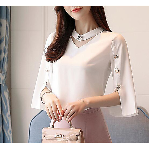 

Women's Blouse Solid Colored 3/4 Length Sleeve Daily Tops White