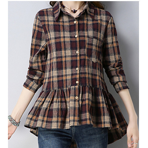

Women's T shirt Plaid Pleated Ruffle Long Sleeve Daily Tops Cotton Red Green Brown