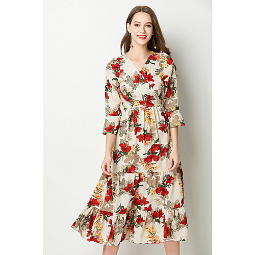 

Women's Sheath Dress Midi Dress Blue Red Orange Green 3/4 Length Sleeve Floral V Neck S M L XL