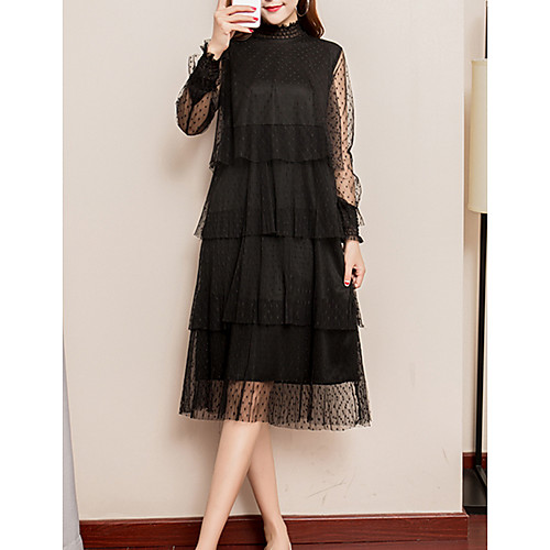 

Women's Tunic Midi Dress White Black Beige Long Sleeve Solid Colored Crew Neck Ruffle M L XL XXL