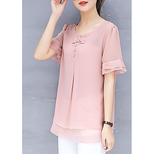 

Women's Blouse Solid Colored Short Sleeve Daily Tops Cotton Red Yellow Blushing Pink