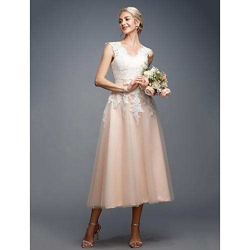 

A-Line Wedding Dresses V Neck Tea Length Lace Tulle Regular Straps Open Back with Sashes / Ribbons Appliques 2021