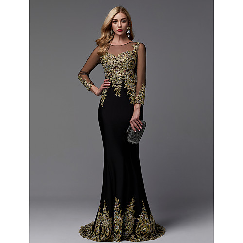 

Mermaid / Trumpet Sparkle Wedding Guest Formal Evening Dress Illusion Neck 3/4 Length Sleeve Sweep / Brush Train Spandex Jersey with Beading Appliques 2021