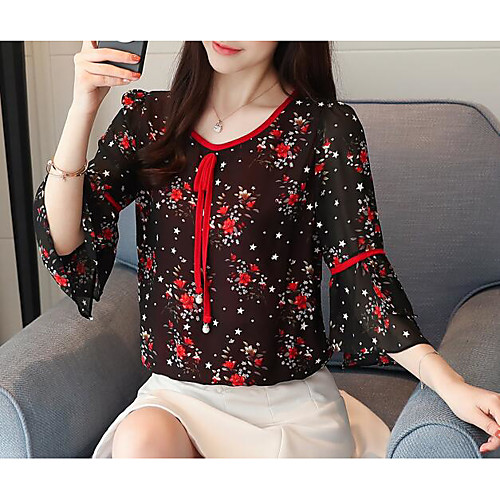 

Women's Blouse Geometric 3/4 Length Sleeve Daily Tops Black Red