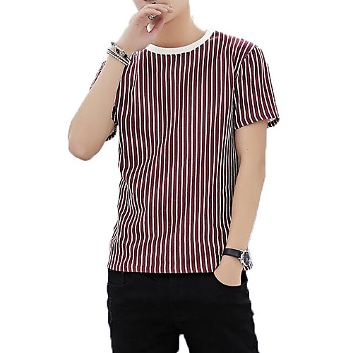 

Men's T shirt Striped Color Block Short Sleeve Holiday Tops Cotton Basic Black Red Brown