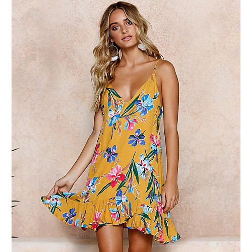 

Women's Strap Dress Short Mini Dress Yellow Sleeveless Flare Sleeve S M L XL