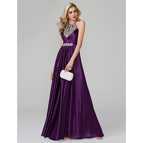 

A-Line Empire Party Wear Prom Dress Halter Neck Sleeveless Floor Length Silk with Crystals Sequin 2021