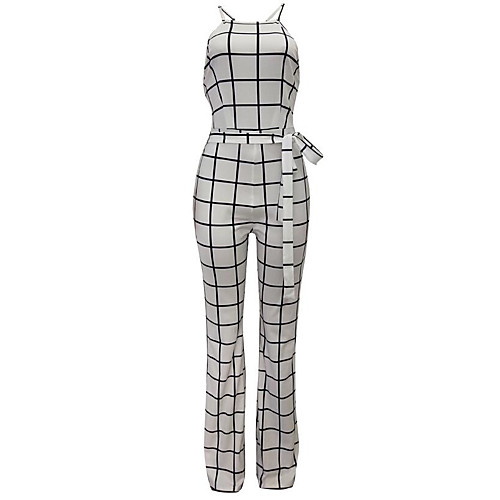 

Women's Daily Strap Plaid White Black Jumpsuit Geometric