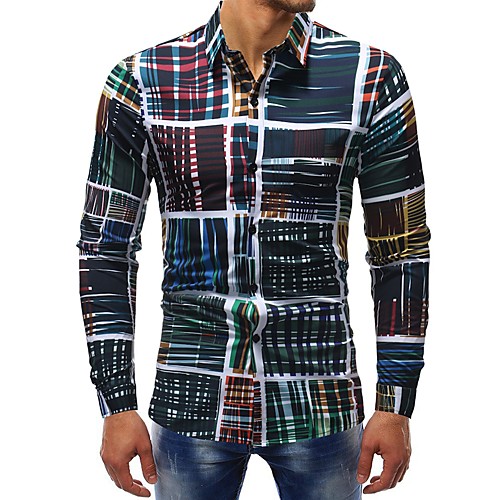 

Men's Plaid Print Shirt - Cotton Basic Daily Weekend Rainbow / Long Sleeve