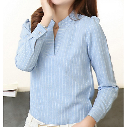

Women's Shirt Striped Long Sleeve Daily Tops Cotton Blue Gray