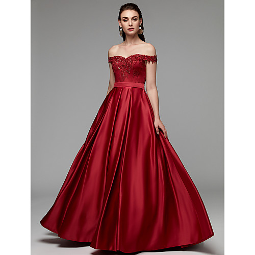 

A-Line Luxurious Prom Formal Evening Dress Off Shoulder Sleeveless Floor Length Lace Satin with Beading Appliques 2021