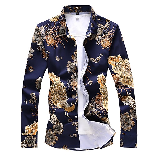 

Men's Plus Size Floral Animal Print Slim Shirt Basic Daily Going out Spread Collar Navy Blue / Spring / Fall / Long Sleeve