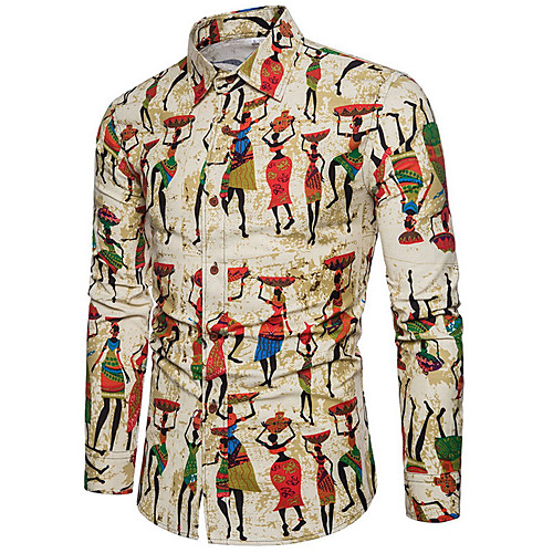 

Men's Geometric Cartoon Print Shirt Daily Khaki / Spring / Long Sleeve