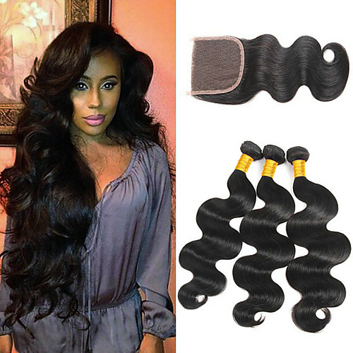 

3 Bundles with Closure Mongolian Hair Wavy Human Hair 335 g Extension Human Hair Extensions Hair Weft with Closure 8-24 inch Black Natural Color Human Hair Weaves Natural Best Quality Hot Sale Human