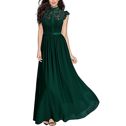 

Women's Swing Dress Maxi long Dress Black Army Green Navy Blue Short Sleeve Solid Colored Lace Summer Crew Neck Elegant S M L XL XXL