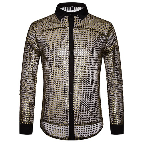 

Men's Polka Dot Lace Sequins Mesh Shirt Luxury Basic Sexy Party Club Weekend Black / Gold / Silver / Long Sleeve