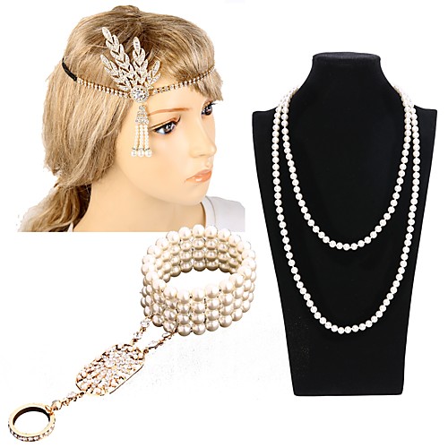 

The Great Gatsby Charleston Vintage 1920s Roaring Twenties Costume Accessory Sets Flapper Headband Women's Classic Style Costume Head Jewelry Pearl Necklace Slave Bracelet Golden / Black & White