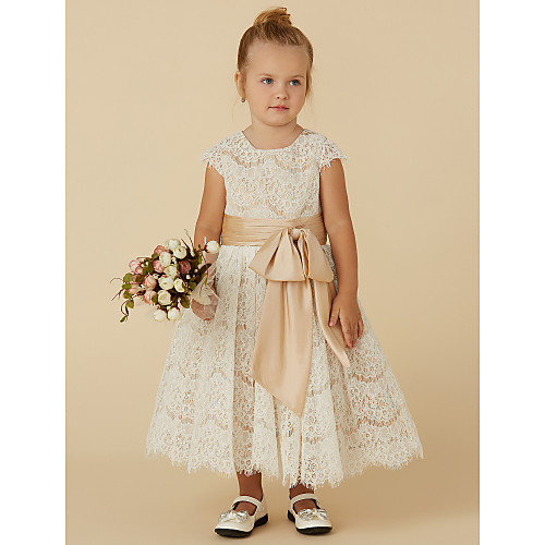 

A-Line Tea Length Pageant Flower Girl Dresses - Lace / Taffeta Short Sleeve Jewel Neck with Sash / Ribbon / Bow(s) / Spring / Summer / Fall