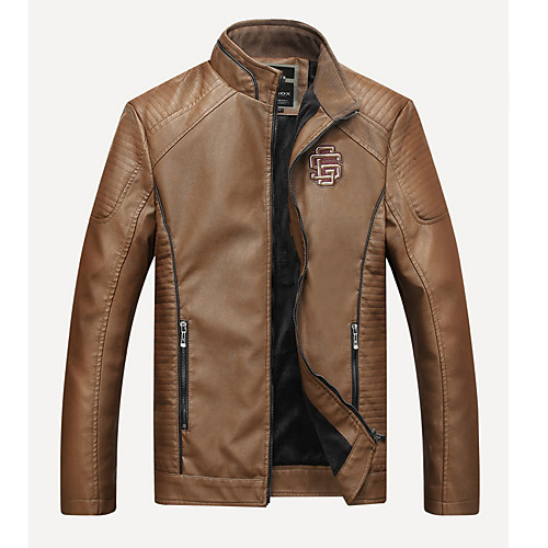 

Men's Daily Basic Winter / Fall & Winter Regular Leather Jacket, Solid Colored Stand Long Sleeve PU Brown / Black / Khaki