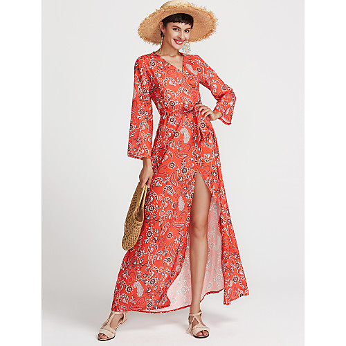 

Women's Skater Maxi long Dress Red Long Sleeve Red Floral Print Summer V Neck Sophisticated Floral S M L XL XXL