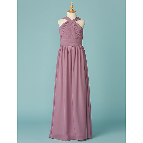 

A-Line V Neck Floor Length Chiffon Junior Bridesmaid Dress with Ruffles