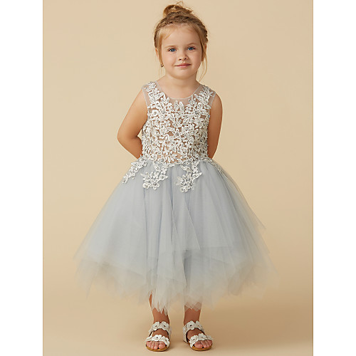 

Princess Tea Length Pageant Flower Girl Dresses - Tulle Sleeveless Jewel Neck with Lace / Appliques