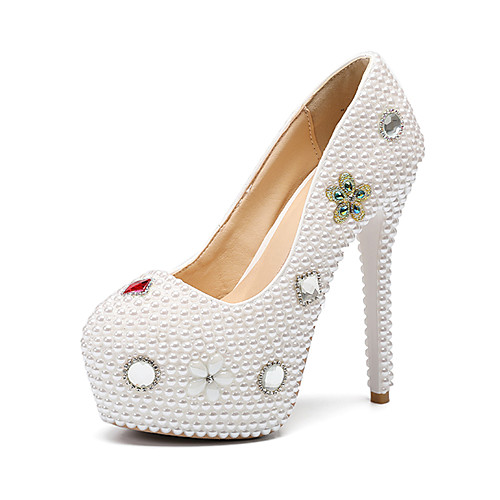 

Women's Wedding Shoes Platform Round Toe Wedding Pumps Vintage Sexy Roman Shoes Wedding Party & Evening PU Rhinestone Pearl Sparkling Glitter Solid Colored Color Block White