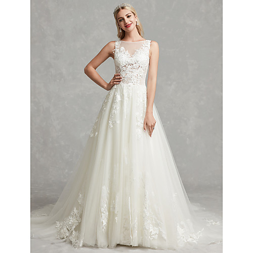 

A-Line Wedding Dresses Bateau Neck Chapel Train Lace Tulle Regular Straps Beautiful Back with Lace Appliques 2021