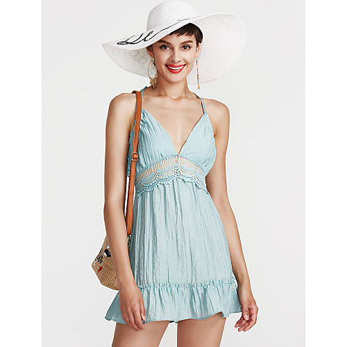 

Women's Swing Dress Short Mini Dress Light Blue Sleeveless Solid Colored Summer Deep V Ruffle S M L