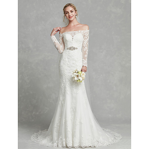 

Mermaid / Trumpet Wedding Dresses Off Shoulder Court Train Lace Tulle Long Sleeve Sexy Sparkle & Shine Plus Size Illusion Sleeve with Sashes / Ribbons Crystals Appliques 2021