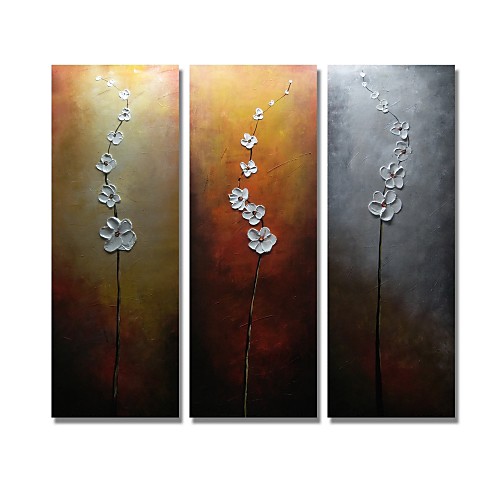 

Oil Painting Hand Painted Horizontal Panoramic Floral / Botanical Comtemporary Modern Stretched Canvas / Three Panels