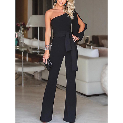 

Women's Party / Going out Basic One Shoulder Black Wine White Slim Jumpsuit Onesie, Solid Colored S M L Sleeveless