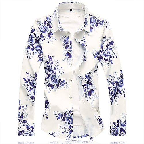 

Men's Floral Shirt - Cotton Chinoiserie Daily White / Blue / Summer / Long Sleeve