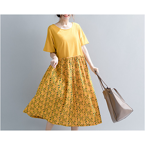 

Women's Shift Dress Knee Length Dress Yellow Orange Green Short Sleeve Round Neck Cotton XL