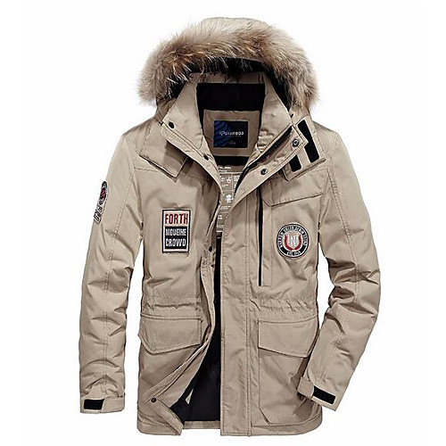 

Men's Down Parka Daily Basic Plus Size Solid Colored Letter Polyester Long Sleeve Hooded Khaki / Navy Blue M / L / XL