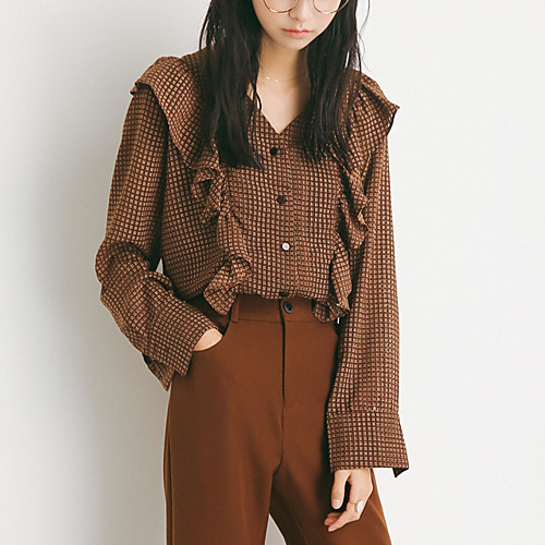 

Women's Blouse Solid Colored Long Sleeve Daily Tops Cotton Brown