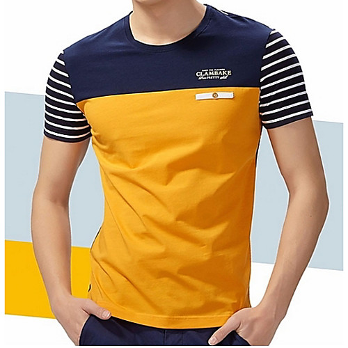 

Men's Plus Size Striped Color Block Patchwork T-shirt - Cotton Going out Weekend Round Neck Blue / Yellow / Gray / Short Sleeve