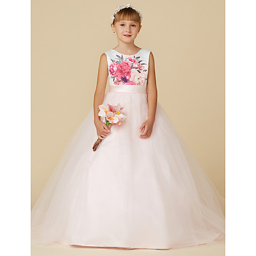 

Princess Sweep / Brush Train Wedding / Birthday / Pageant Flower Girl Dresses - Satin / Tulle Sleeveless Jewel Neck with Sash / Ribbon / Print