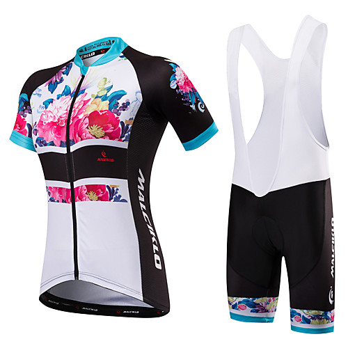 

Malciklo Women's Short Sleeve Cycling Jersey with Bib Shorts White Black Floral Botanical Plus Size Bike Bib Shorts Jersey Padded Shorts / Chamois Breathable Anatomic Design Reflective Strips Back