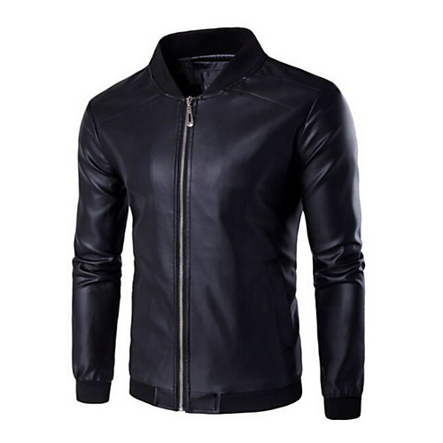 

Men's Leather Jackets Solid Colored Jacket Regular Beginner Long Sleeve PU Coat Tops Black