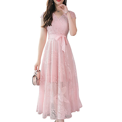 

Women's Swing Dress Midi Dress Blue Purple Blushing Pink Short Sleeve Dusty Rose Floral Lace up Lace Summer V Neck Basic S M L XL XXL 3XL