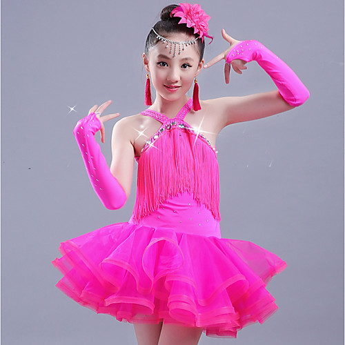 

Latin Dance Dress Tassel Ruching Girls' Performance Sleeveless Spandex Organza