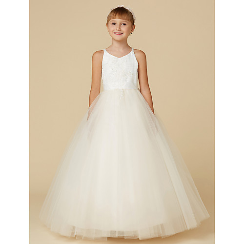 

Princess Floor Length Wedding / First Communion / Pageant Flower Girl Dresses - Lace / Tulle Sleeveless Spaghetti Strap with Bow(s) / Appliques