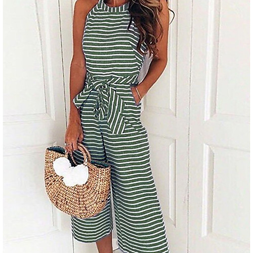 

Women's Vacation Casual Blushing Pink Green Blue Wide Leg Jumpsuit Onesie, Striped Bow S M L Cotton Sleeveless Summer