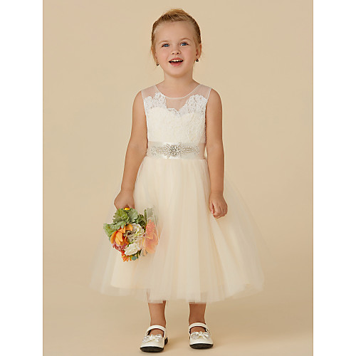 

Princess Tea Length Wedding / Birthday / Pageant Flower Girl Dresses - Lace / Tulle Sleeveless Illusion Neck with Sash / Ribbon / Beading / Appliques