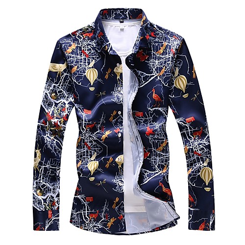 

Men's Plus Size Animal Print Slim Shirt - Cotton Basic Daily Going out Spread Collar White / Navy Blue / Long Sleeve