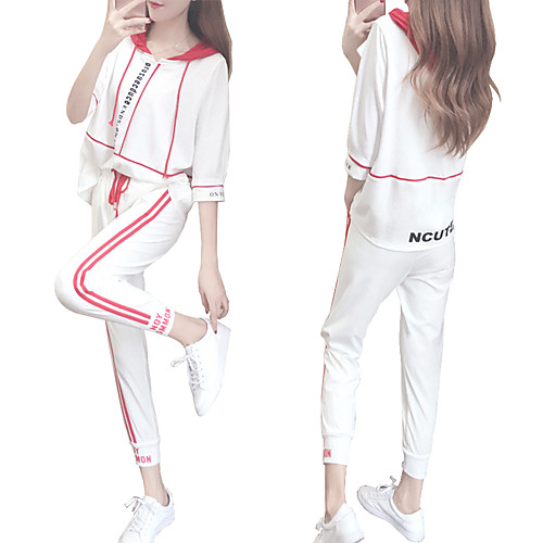 

Women's Tracksuit Hooded Letter WhiteRed Black / White Zumba Yoga Fitness High Waist Hoodie Cropped Pants Clothing Suit Half Sleeve Sport Activewear Breathable Stretchy