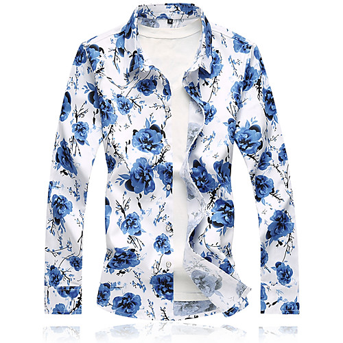 

Men's Shirt Floral Plus Size Print Long Sleeve Daily Tops Cotton Basic Blue